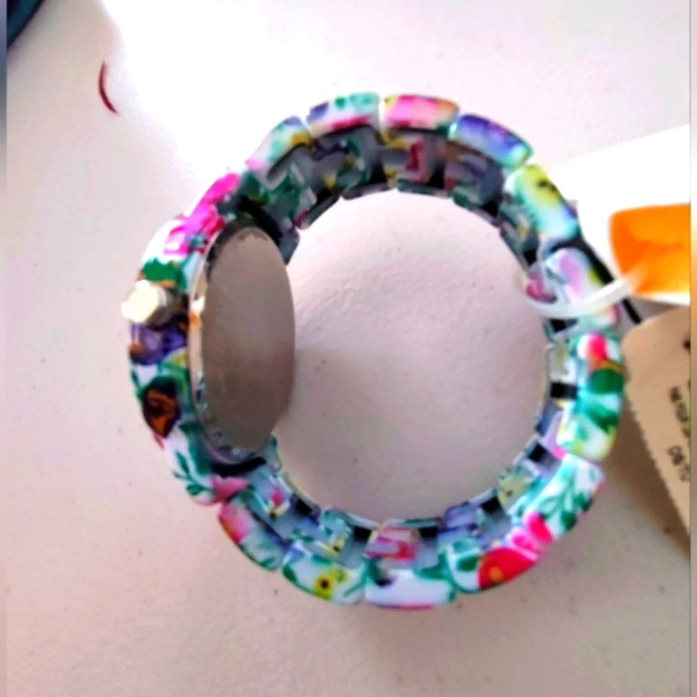 Aeropostale Analog Wristwatch Colorful Floral Pattern Expansion Band Silver Tone